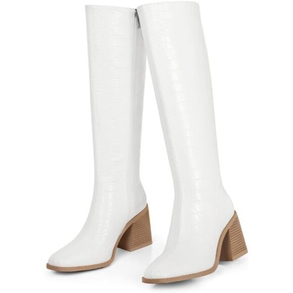 Women Crocodile White Polyurethane Knee High Square Toe Block Heel Tall Boots - Picture 2 of 9